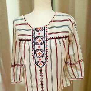 a loves a Red and Blue Embroidered 3/4 Sleeve Blouse